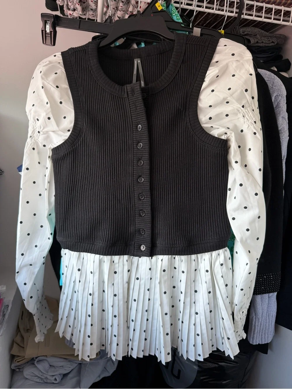 Anthropologie White Polka Dot Blouse Long sleeve with built in black vest XS
